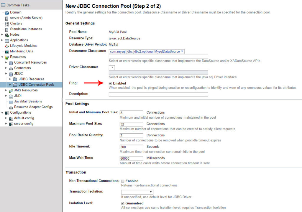 Create JDBC connection pool step 2