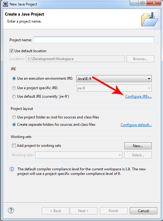 Eclipse new java project window