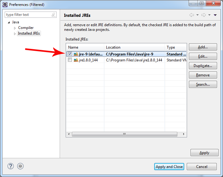 Select java 9 as default JRE