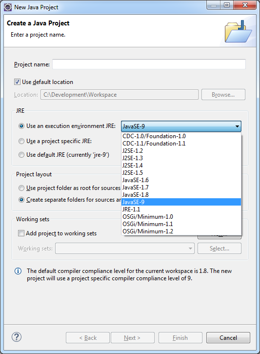 Select java 9 execution environment