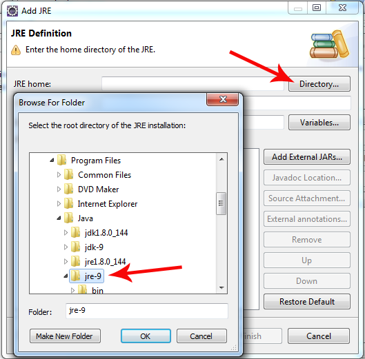 Select JRE 9 directory