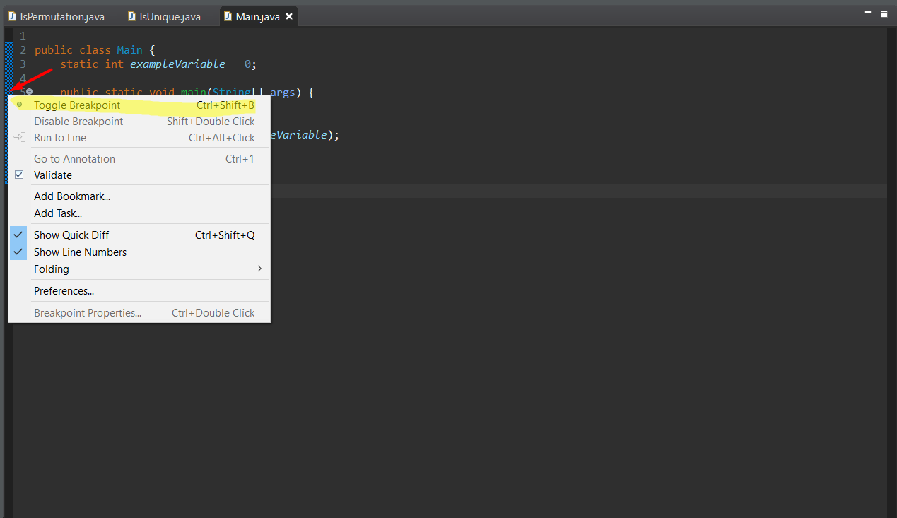 Setting a breakpoint in java using debugger