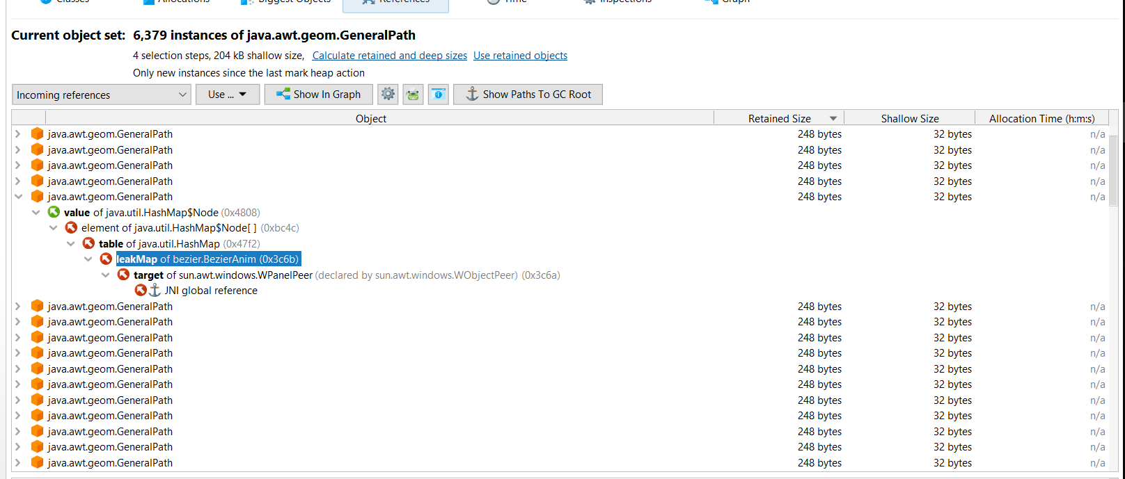 Show paths to GC Root JProfiler