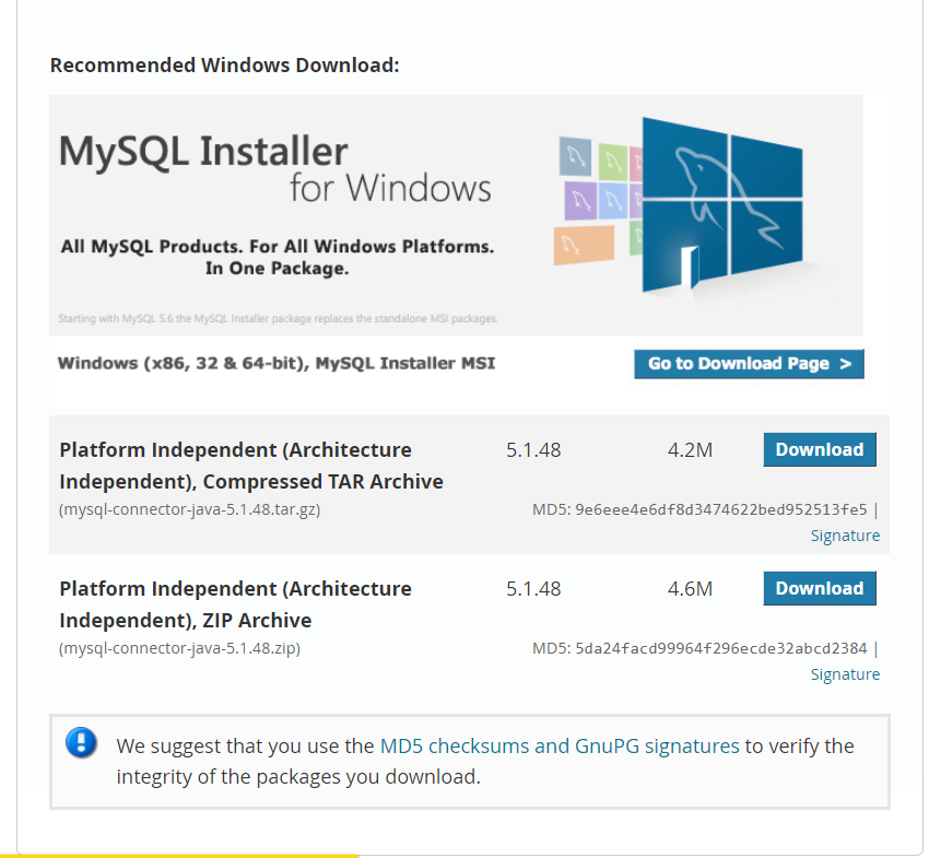 Jar file downloads page mySQl for Java
